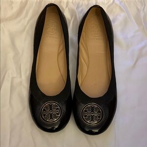 Tory Burch Black Flats with Silver Logo